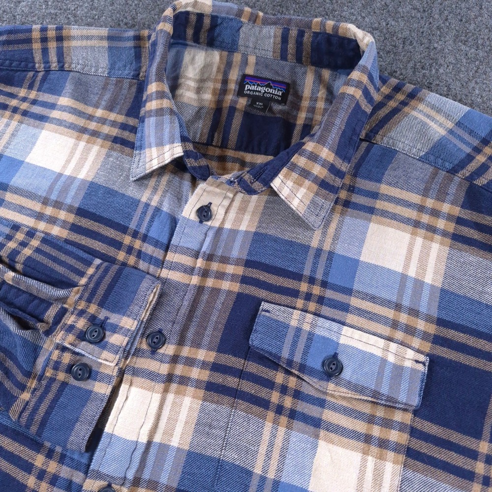 Patagonia Mens Fjord Flannel Shirt XXL Blue Tan Plaid Organic Cotton STY54020